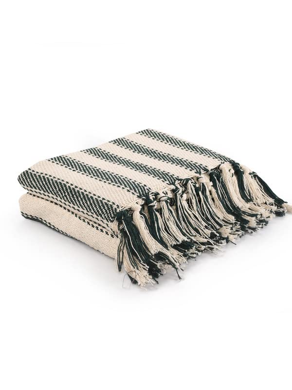 SASHAA WORLD Striped Throw Medium with Tasselled Edges |Throw for Living Room, Bedroom, Sofa & Chair |Bottle Green Throw Blanket | 180 x130 cm