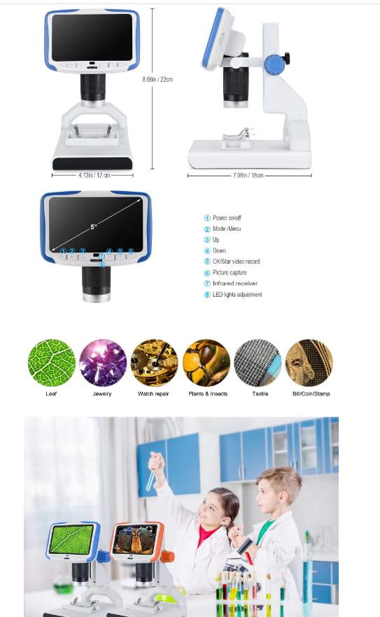 AD205 200XChild cyfrowy mikroskop domowy szkoła edukacyjna biologia przenośny dla dzieci obserwacja 1080P HD cyfrowy mikroskop biurkowy 5-calowy ekran LCD