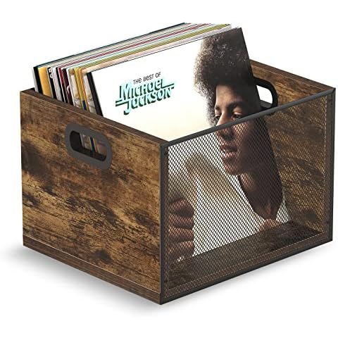 Snughome Record Storage Crate Holder, Wooden LP Record Storage Organizer with Mesh Wire Side Panels, Record Organizer Box - Album Shelf Vinyl Record Storage Cube Container for 60 Album, Rustic Brown Cover