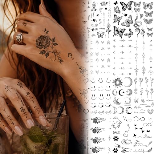 Floruvia 20 Fogli Tatuaggi Temporanei Piccoli, Tatuaggi Neri con Farfalle Rose Simbolo Infinito Stelle Luna Freccia per Dita Mano, Resistenti all'Acqua, per Donne e Adulti