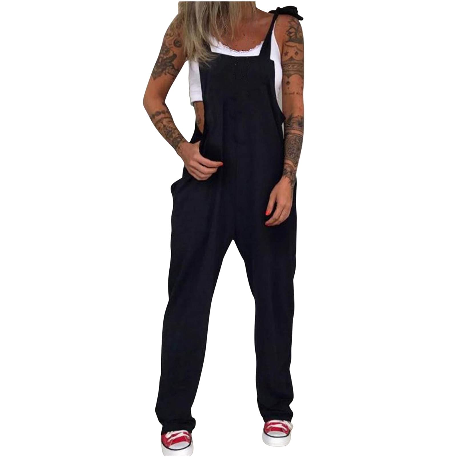 MOVERV Monos de Vestir Mujer Elegantes Retro Pantalones Punk Monos Peto Sueltos Mono Estampado Pantalones Piratas Color sólido Monos Largos Casual Monos de Tirantes Negro