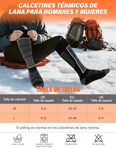 Vebroert Calcetines de Esquí Lana Merino - 2 Pares Hombre Mujer Calcetines Térmicos Invierno Frío Extremo Montaña Regalo Navidad Negro EU 42-46 - imagen 7