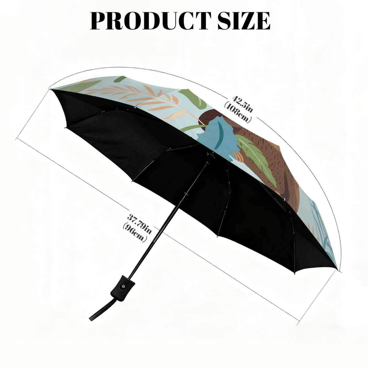Simpatico ombrello pieghevole con bradipo tropicale foglie di palma ombrello da viaggio compatto antivento impermeabile con protezione UV rivestimento nero leggero 8 coste portatile per