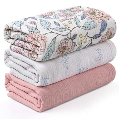 Image of Muslin Swaddle Blankets for Newborn, 3 Pack Breathable Soft Receiving Blanket, Large 38 x 40 inches Swaddle Wrap Burping Clothes, Essentials Infant Shower Items, Toddler Gift (Cute Flower)