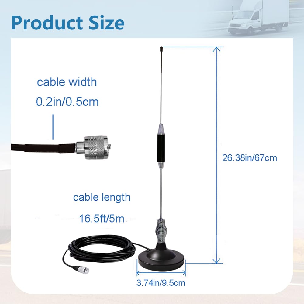 Antenna CB Magnetica 27 Mhz per Auto, Camion | Universale per Radio CB Midland, Uniden, President, Cobra,Alan | Con 5m RG58-Cavo, Connettore UHF PL259 & BNC, Ø95 mm Base Calamita, Alta 67cm
