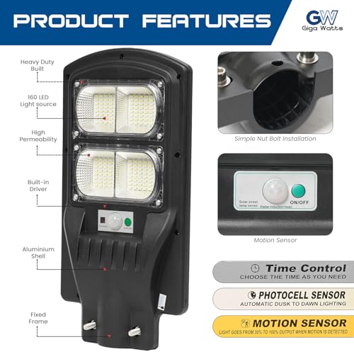 Image of Gigawatts 160 LED 60W Solar Street Light with Remote Control High Power 5Ah Battery Inbuilt 9W Solar Panel IP65 Water Resistant Outdoor Lamp for Wall Pathway Garden and Patio (1Pc, Cool White)