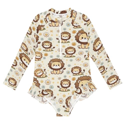 Cartoon Little Lion Daisy Girls Long Sleeve Swimsuit Rash Guard One Piece Bathing Suits Zipper 3-12T