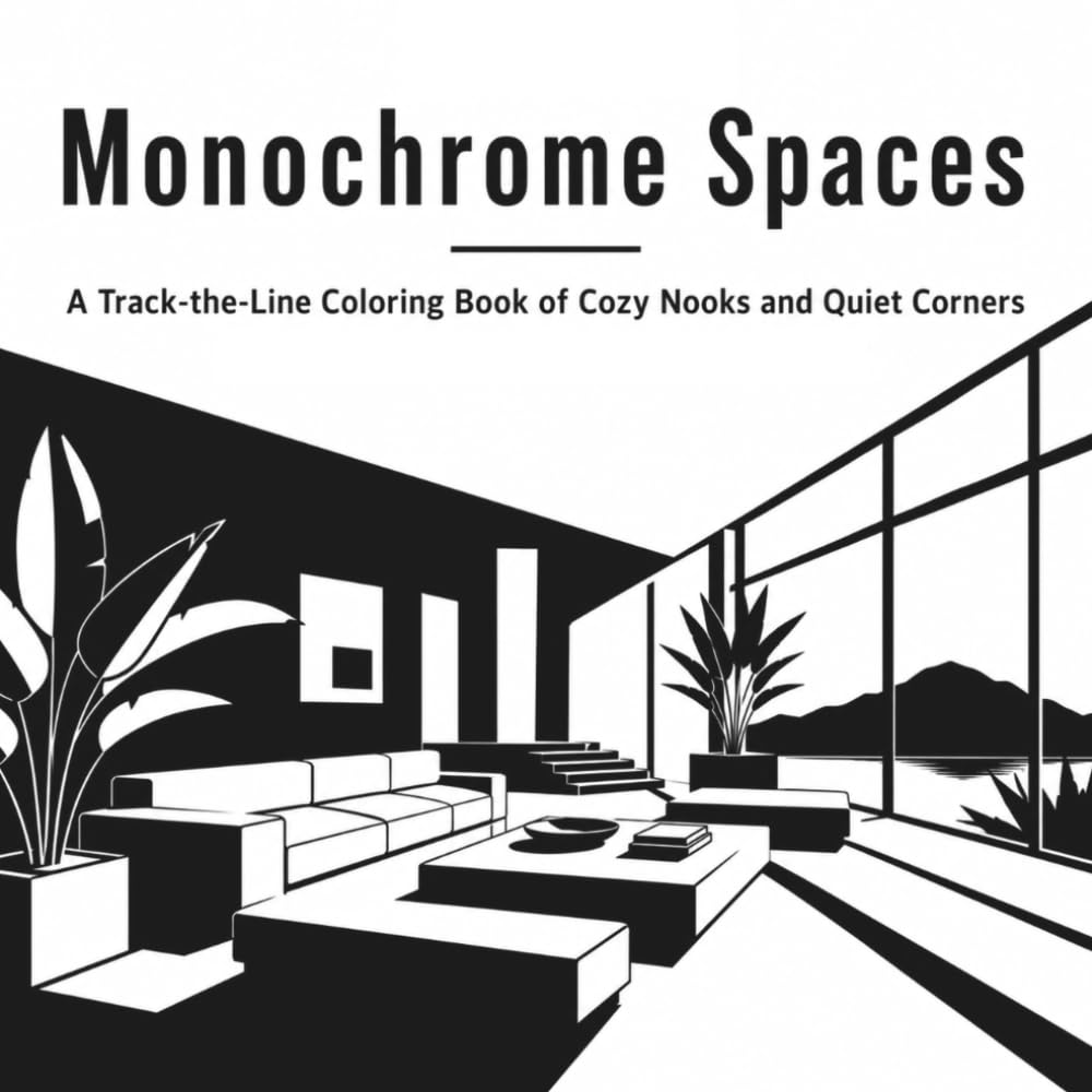 Monochrome Spaces: A Track-the-Line Coloring Book of Cozy Nooks and Quiet Corners (Adult Coloring Book for Relaxation and Stillness) (The Decision-Free Coloring Collection)