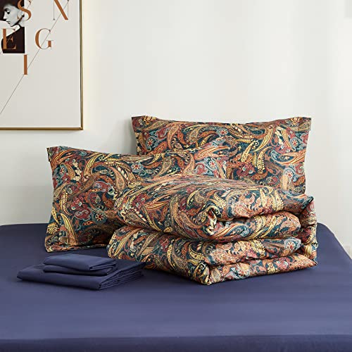 Wajade Floral Boho Comforter Bed In Set Queen Size 7 Piece Gold Paisley Luxurious Damask Medallion Bedding Collection (1 Comforter, 2 Pillow Shams, 1 Flat Sheet, 1 Fitted Sheet, 2 Pillowcases) #TOP6