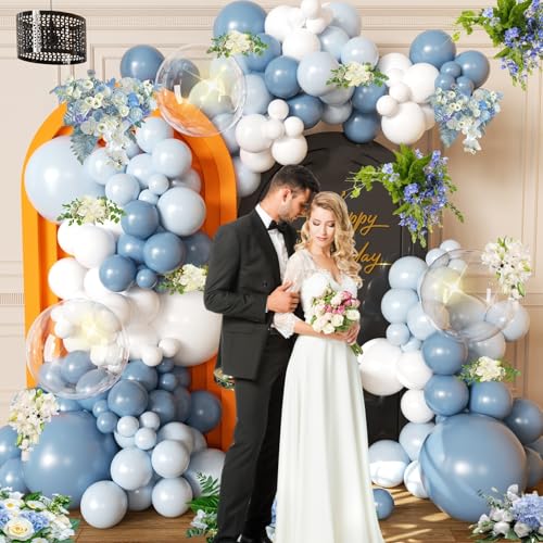 Image of Dusty Blue Balloon Arch Kit Maca Light Blue White Balloon Garland Bobo Balloons for Birthday Wedding Engagements Graduation Baby Shower Anniversary Party Decorations