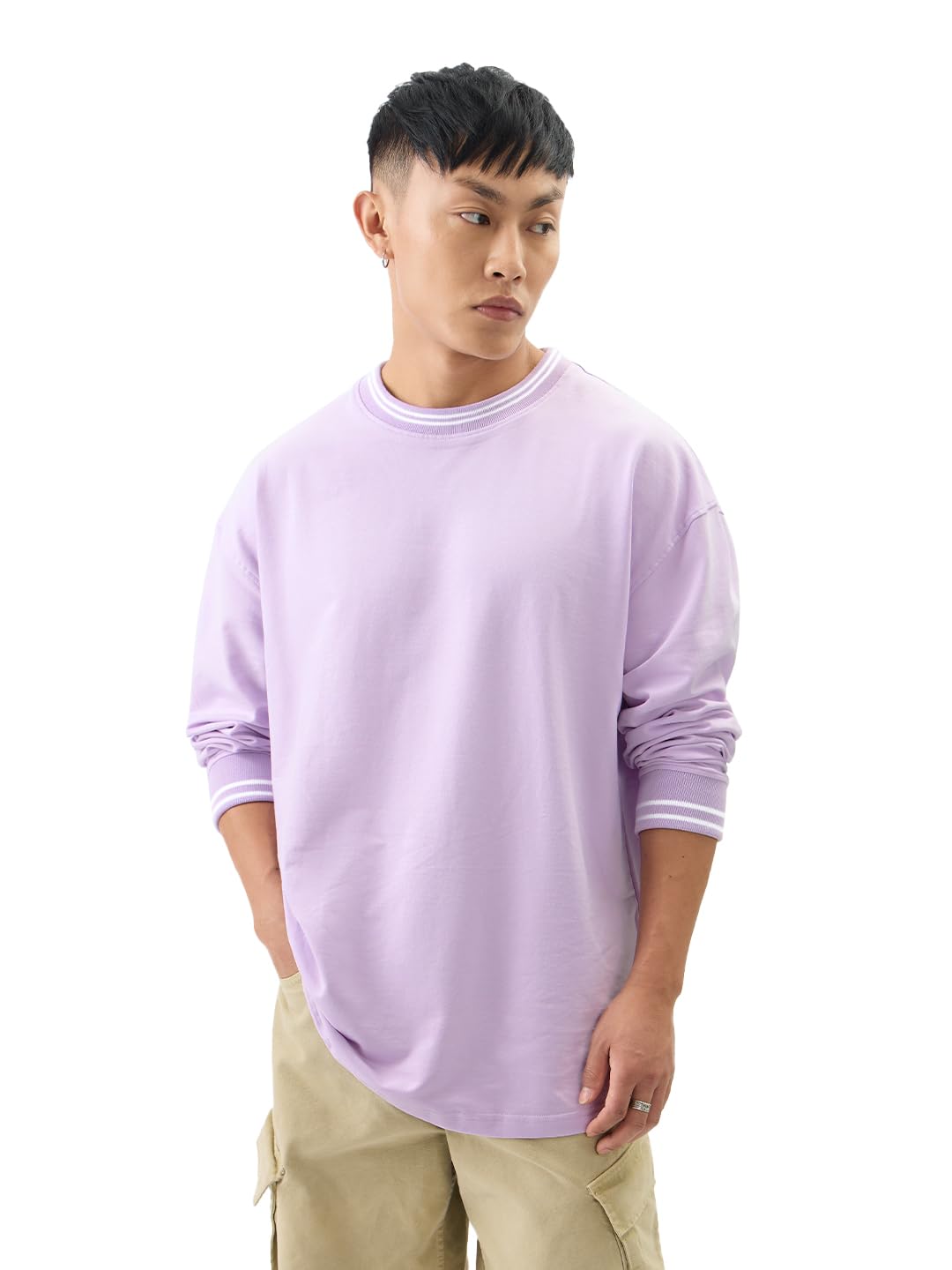 the souled store Solids: Pale Purple Men and Boys Round Neck Cotton Oversized Full Sleeve T-Shirts-picture-24