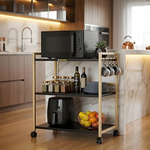 Image of 3 Tier Microwave Oven Stand with Wheels & Hooks - Kitchen Storage Rack, Metal Bakers Rack Kitchen Organizer Shelf for Microwave, Air Fryer & Appliances