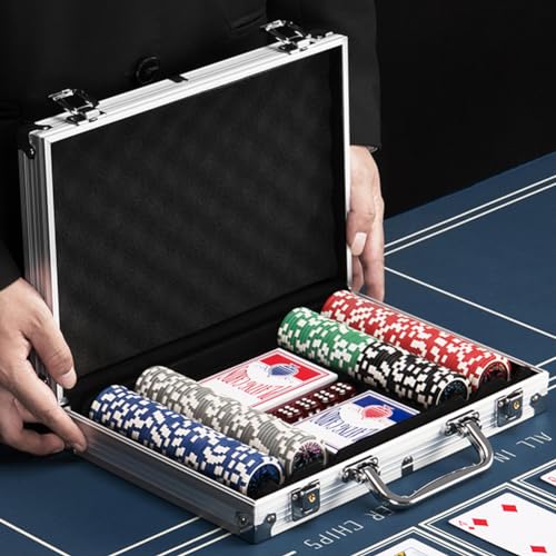 BAKAJI Juego de maletín de póquer de Aluminio, Paquete de Juego Profesional con 2 Barajas de Cartas, 5 Dados, botón del Distribuidor, Maleta Ideal para Texas Hold'em y Blackjack (200