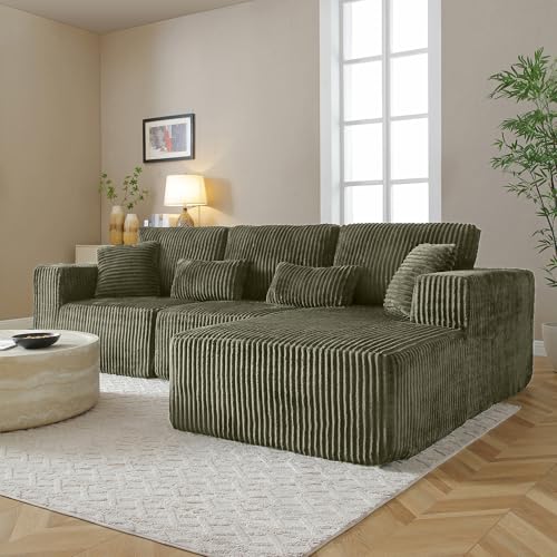 Image of L Shaped Modular Boneless Sectional Couches for Living Room, Wide Armrest, Deep Seat, Memory Foam, Assembly Free, Modern Comfy Corduroy Fluffy Cloud Sofa with Right Chaise, Green