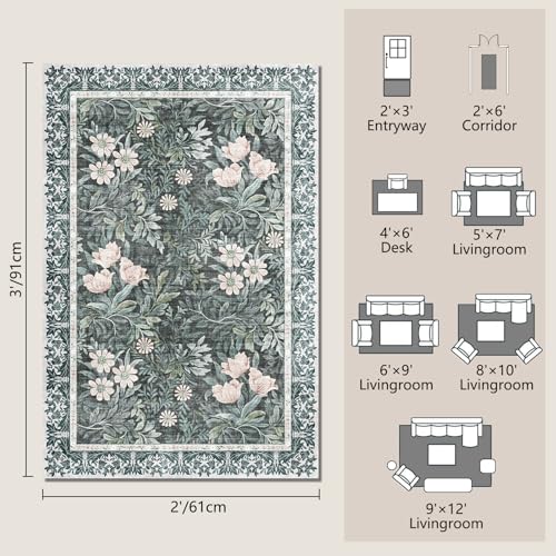 Image of Washable Entry Vintage Floral with Ornate Border Rug 2x3 - Front Door Rugs Indoor, Non-Slip Bathroom Small Rugs, Vintage Floral Style Rug for Kitchen, Perfect for Entryway Decor
