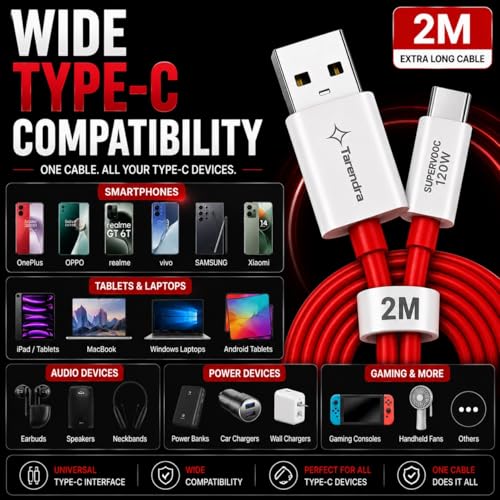 Image of Tarendra 120W 10A USB to Type-C Fast Charging Cable | 1 Meter TPE Data Cable | SuperVOOC Fast Charge & Data Sync | Compatible with OnePlus OPPO Realme Vivo Xiaomi Samsung Type-C Devices