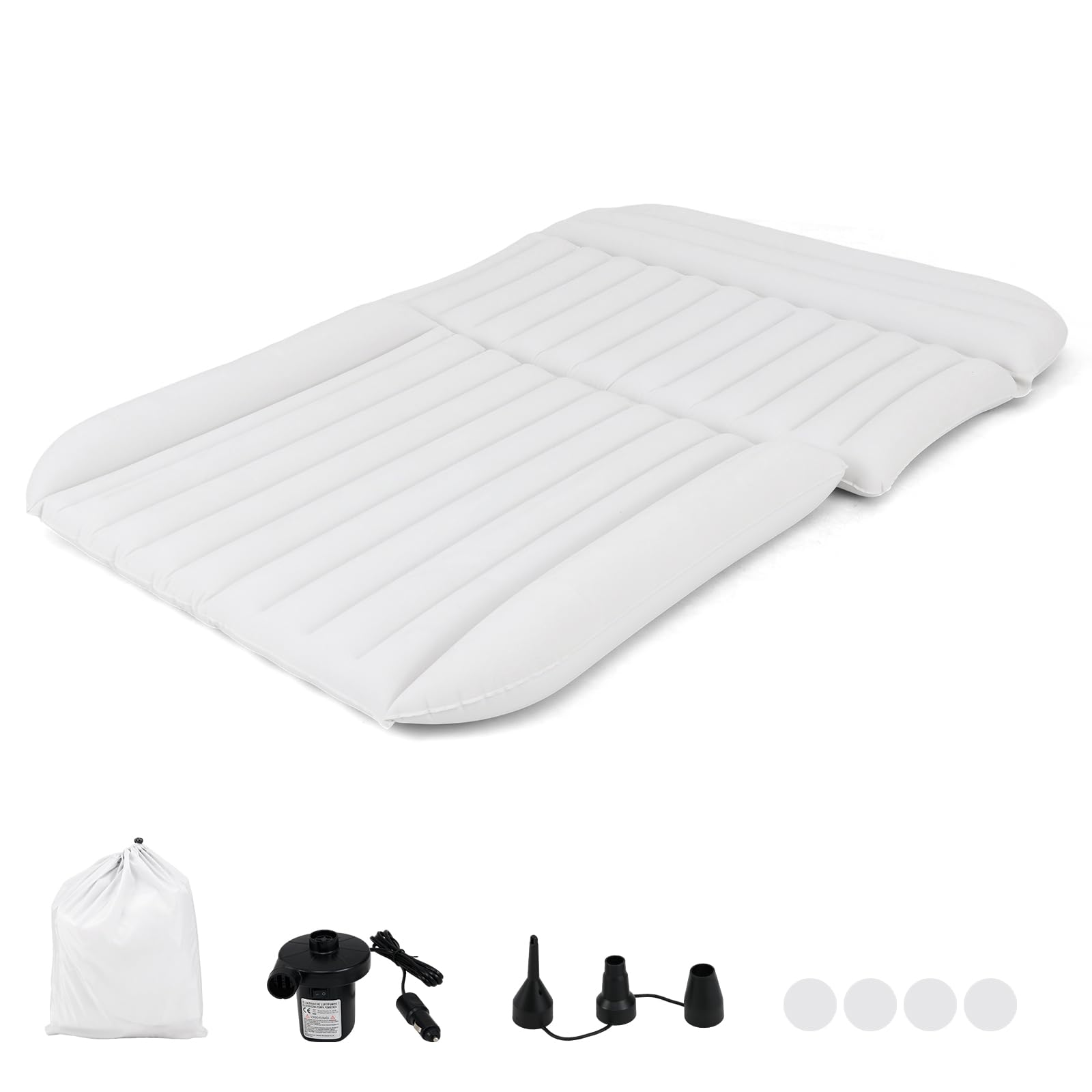 GOPLUS Matelas Voiture, Matelas Gonflable Voiture pour SUV Floconné avec Pompe, 3 Buses et Sac de Transport, Lit Gonflable Portable pour Voyage, Camping, Pêche, 130x190x15 CM (Blanc)