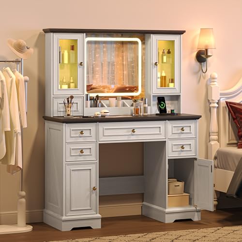 Image of Makeup Vanity Desk with Mirror and Lights, Farmhouse Vanity Table Set with 6 Drawer&Charging Station, Makeup Table with RGB Cabinets, White Vanity with Lighted Mirror for Girls Women, 3 Light Modes