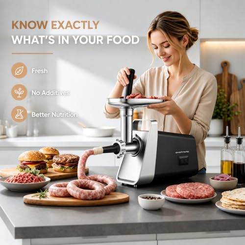 Image of CHEFFANO Electric Meat Grinder, [2800W Max] ETL Approved Heavy Duty Sausage Stuffer with 2 Blades, 3 Plates, Sausage Tubes & Kubbe Kit for Home Kitchen Use