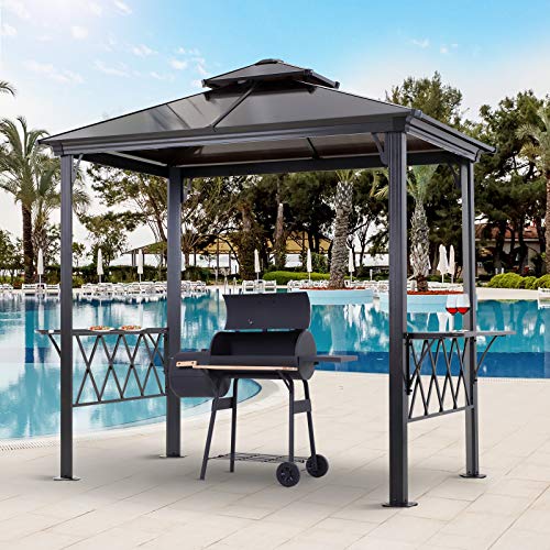 Outsunny 9' x 5' Grill Gazebo, Hardtop BBQ Gazebo Canopy with 2-Tier Polycarbonate Roof, Shelves Serving Tables and Hooks, for Backyard Patio Lawn - Image 3
