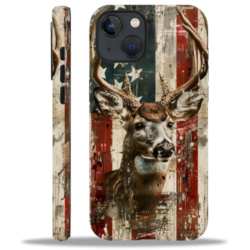ZHEGAILIAN Case for iPhone 13 iPhone 14,Deer Buck Hunter American USA Flag for 2 in 1 Hard Shell + Soft Silicone,Shockproof Bumper Drop Protective Case