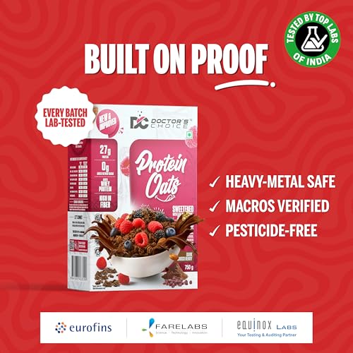 Image of Doctors Choice High Protein Oats 750g | 27g Protein Oatmeal | Dark Choco Berry Flavor | No Added Sugar | Gluten Free | High Fiber Healthy Breakfast Oats (Pack of 2)