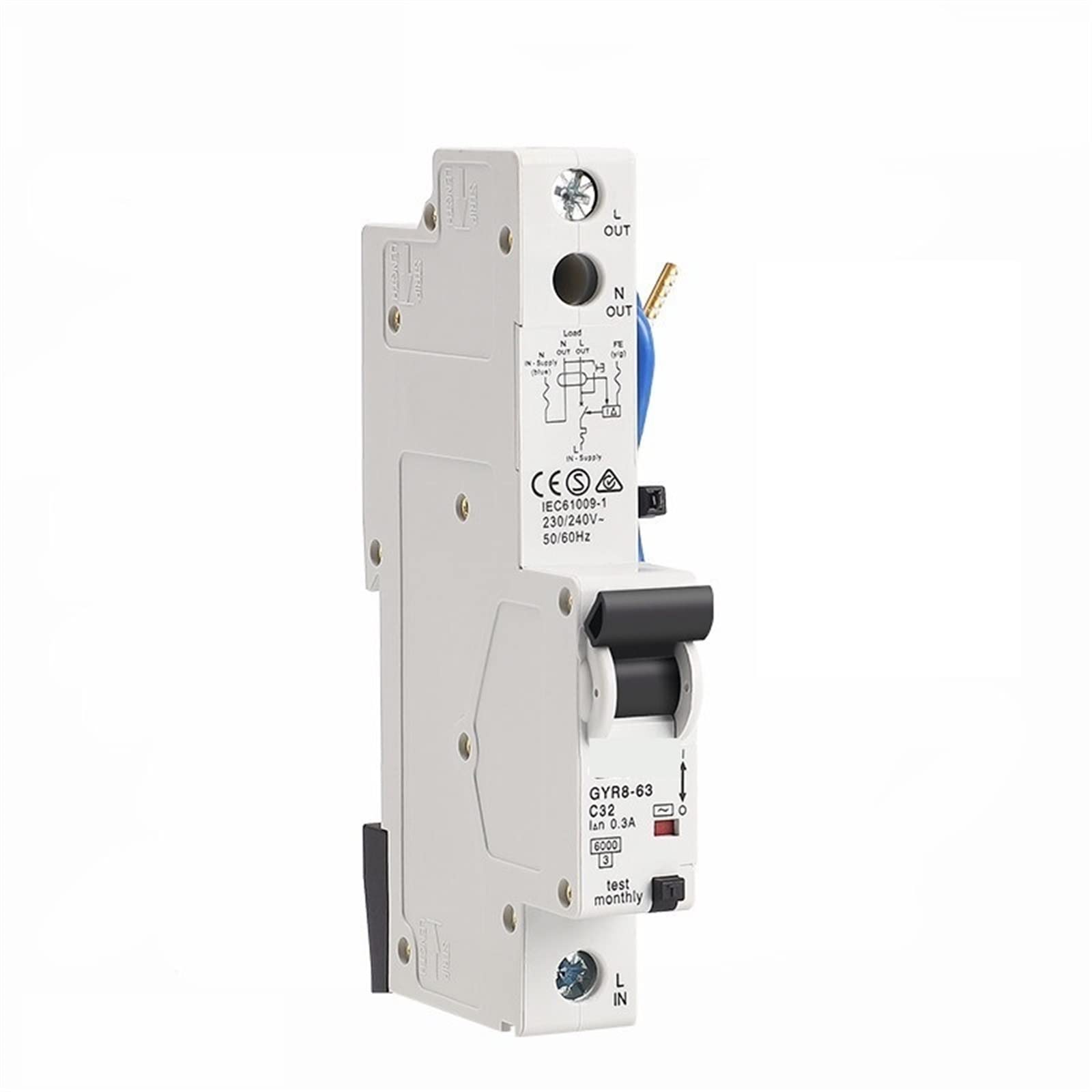 AVSBBYEPS GYR8 Electronic Type RCBO 18mm 230V 1P+N 6KA Residual Current Circuit Breaker with Over Potection 32A 10mA 30mA 1Pcs(25v,10mA)