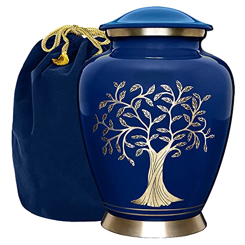 Image of Trupoint Memorials Cremation Urns for Human Ashes, Tree of Life Decorative Burial Urn for Adult Men and Women, Large Blue