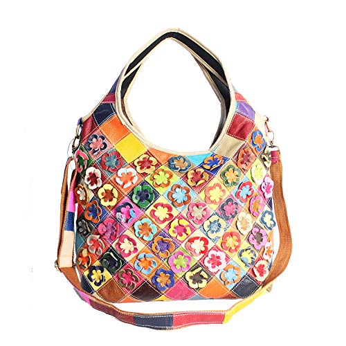 Women Multicolor Floral Shoulder Bag Cowhide Leather Handbag Vintage Totes Purse3
