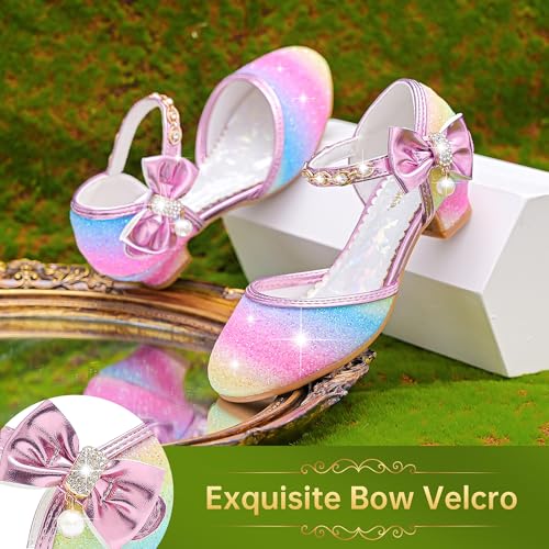Image of Motasha Sparkly Girls Dress Shoes Kids High Heels Toddler to Big Kid | Glitter Closed Toe, Rhinestone Bow Straps, Hook-and-Loop Closure, Low Heel, Anti-Slip Outsole for Wedding Birthday Parties