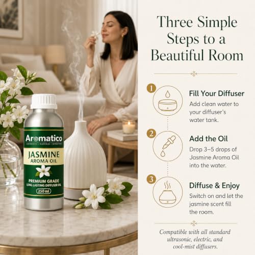 Image of AROMATICO Jasmine Diffuser Oil with Strong, Long-Lasting Aroma for Homes, Offices & Showrooms. Aromatherapy, Diffusers, Air Purifiers, Vaporizers -250 ml