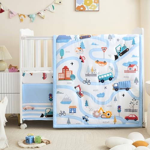 3-Piece Crib Bedding Set for Boys Girls – Ultra Soft & Skin Friendly Baby Bedding Set Includes Crib Comforter, Sheet & Crib Skirt(Vehicle)