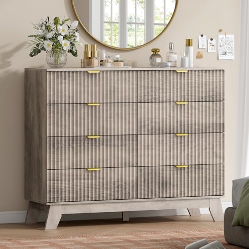 Image of Wodeer 8 Drawer Fluted Dresser for Bedroom, Mid Century Modern Wooden Dresser with 8 Drawers, Dressers & Chests of Drawers with Metal Handle, TV Stand & Storage Organizer for Entryway, Hallway, Grey