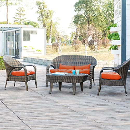 Image of QILLOWAY Outdoor Wicker Cushion Set of 5 - Waterproof Fade Resistant Patio Furniture Cushions, Loveseat 2 U-Shape 2 Lumbar Pillows for Porch, Bench, Backyard, Garden, Orange