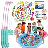 58PCS Jouet de Pêche Magnétique pour Enfants avec Double Bassin Bleu, 50 Animaux Flottan...