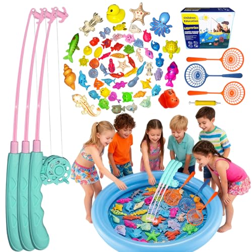 58PCS Juguetes de Pesca Magnéticos para Niños, Juego de Pesca con Doble Piscina Azul, 50 Animales, 3 Cañas, 3 Redes, Juguetes Agua Educativos para Piscina, Playa, Baño, Regalo Niños 3-8 Años