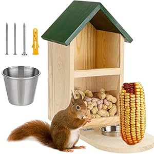 Eekhoorntje Voederhuis met standaard, eekhoornvoederstation, weerbestendig, eekhoornvoederhuisje voor huis, balkon, voederhuisje voor eekhoorntje kobel van hout, hangend met waterbeker