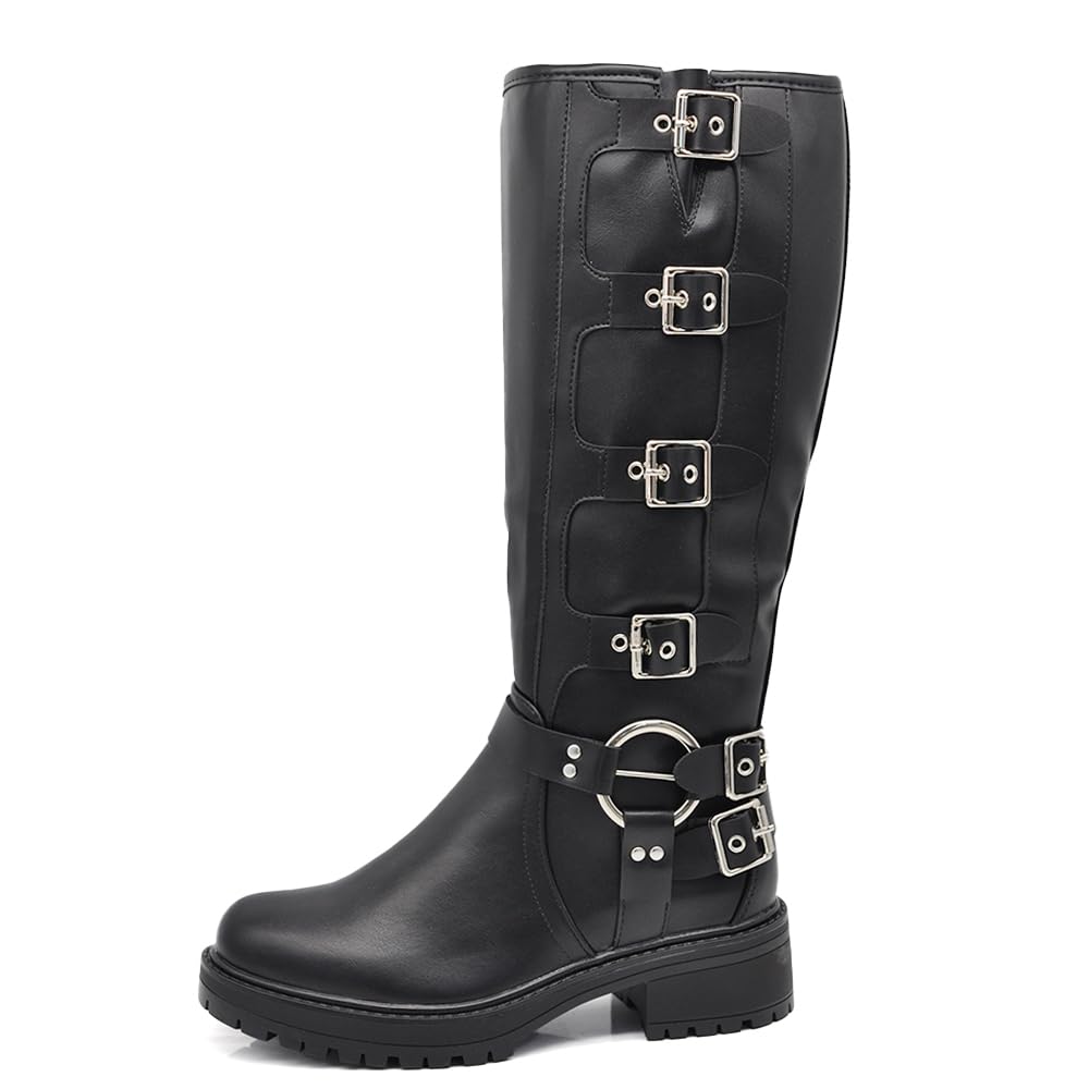 IF Fashion Chaussures Femmes Bottes Au Mollet Biker Motard Avec Multi Boucles Amphibiens RQ63 noir