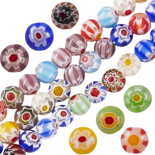 PONABEADIY 1 Box 3 Strands 4MM Millefiori Lampwork Glass Beads with Hole Round Handmade Colourful Flower Pattern Assorted Charms Loose Bead for Jewellery Making Diy Bracelet Necklace Crafts Supply