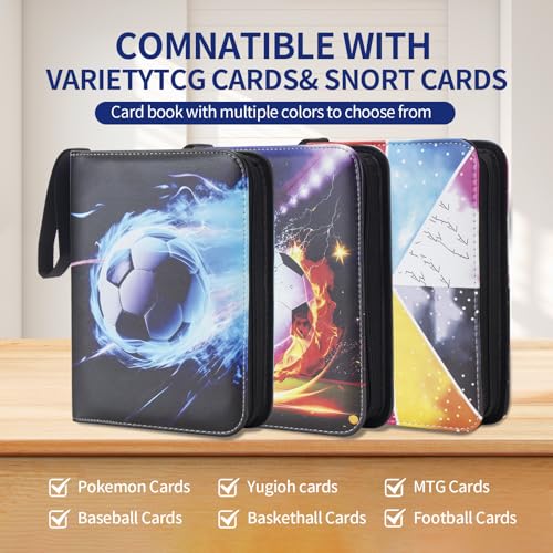 Image of Card Binder - 400 Capacity, Zippered Trading Card Holder for MTG, Sports & Collectible Cards - Acid-Free, Durable & Travel-Friendly Storage (Blue Football, 4 Pocket)