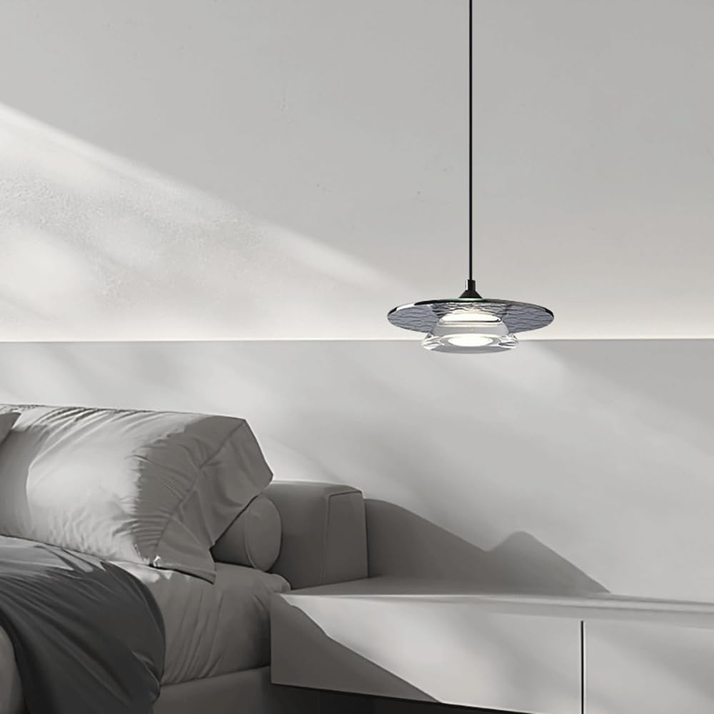 Lampada a Sospensia Forma Di Frisbee Nero, Lampada a Sospensiin Metmartellato con Paralume in Vetro, Lampadario Moderno a Led - 3 W - 3 Modalità Colore, Lampade a Sospensida Comodino, Luci a