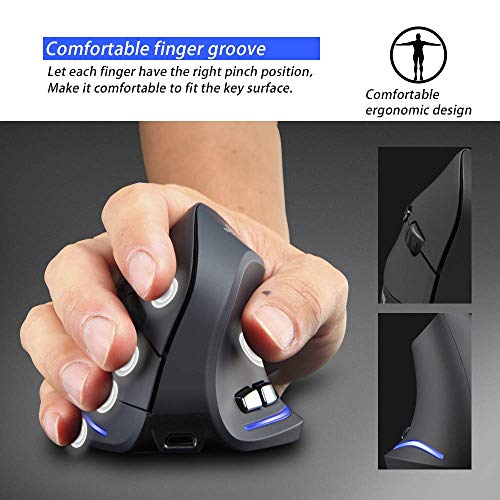 ZELOTES Mouse Verticale Wireless Ricaricabile, Mouse Senza Fili Ergonomico con 6 Pulsanti,3 DPI Regolabile,Nero