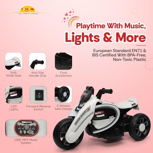 Image of Toyzone Moto Electric Bike (White) | 6V Rechargeable Bike with 4.5Ah Battery | LED Lights, Built in Music | Smooth Acceleration | 6M Battery Warranty | Age 2-8 Years, Upto 35 kg