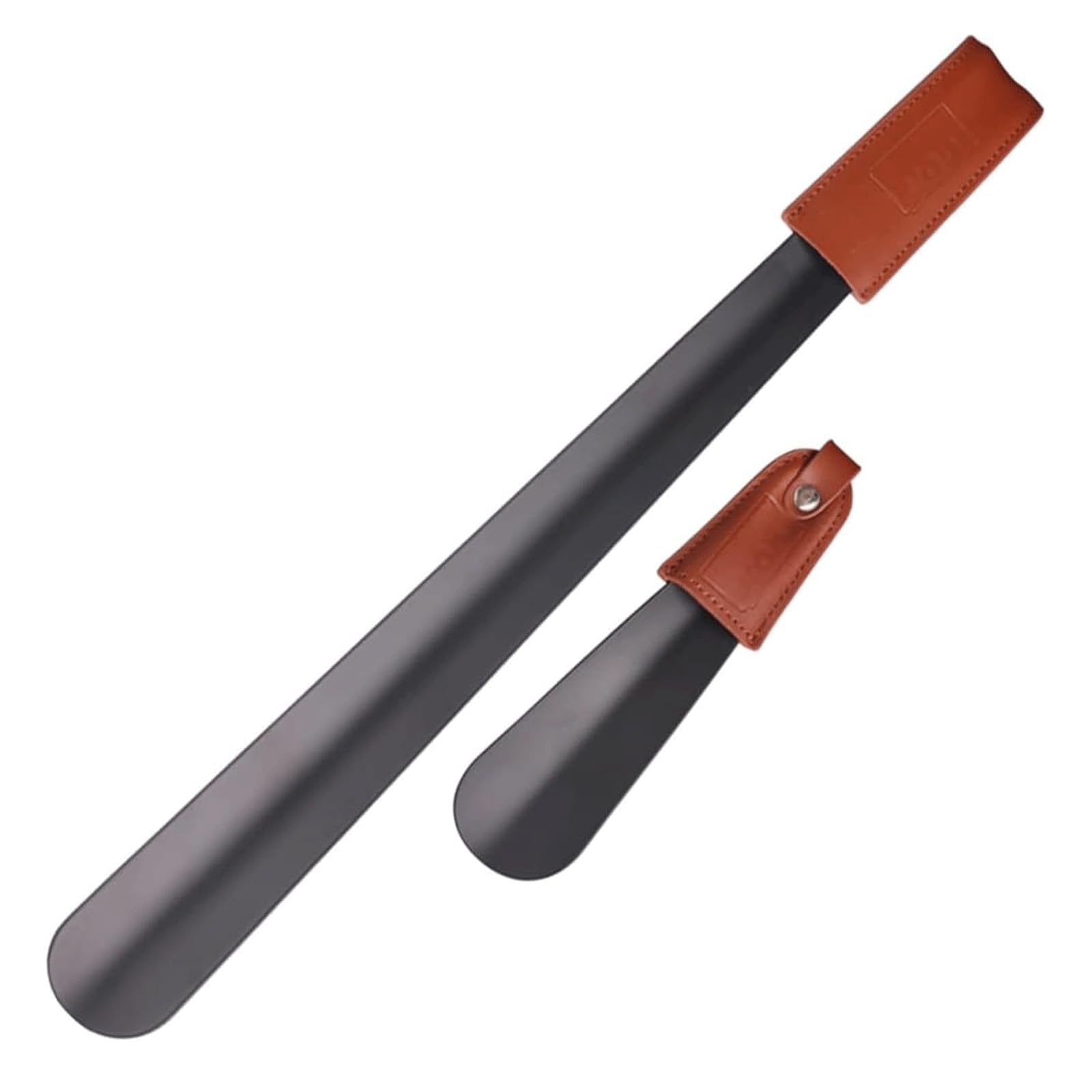 Calzador de acero inoxidable – Paquete de 2 calzadores portátiles de viaje con mango de cuero – Calzador largo de metal para hombres, mujeres y niños