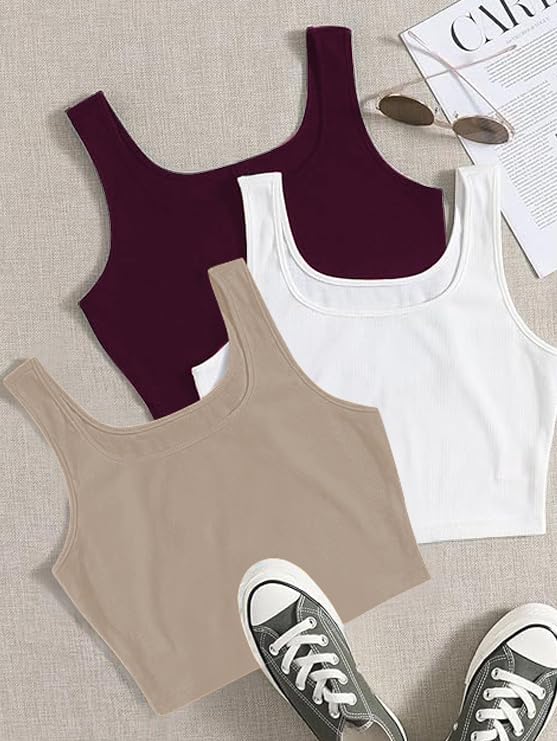 Image of Toochki Women's Knitted Sleeveless Solid Sqaure Neck Ribbed Tank & Crop Tops (Pack of 3)
