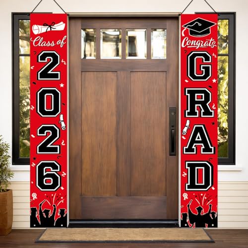 Image of Graduation Decorations 2026 Porch Banner, Congrats Grad Class of 2026 Banner, Red and Black Graduation Banner Class of 2026 for Any Schools or Grades Party Favor