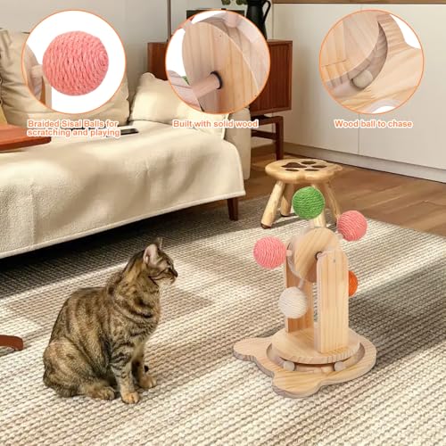 Cat Wheels for Indoor Cat,2-in-1 Cat Toy Ball Track,Interactive Cat Scratching Ball Toy Cat Scratcher Ball Solid Wooden Base - Image 3