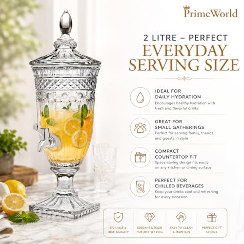 Image of PrimeWorld 1 Pc Glass Water Dispenser with tap 2 Litre Beer Dispenser Storage Mason Jar Beverage Dispenser Glass Pitcher with tap Pitcher for Detox Water, Juice Counter Table Top (Random Design)
