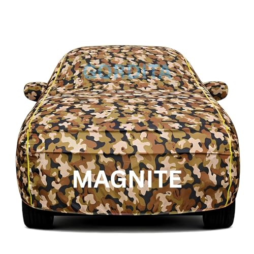 Image of Waterproof Car Body Cover for Magnite All Weather Protection Comes with Inner Cotton Lining & Triple Stitched with Mirror & Antenna Pocket Belt & Elastic Fit Army with Yellow Piping2