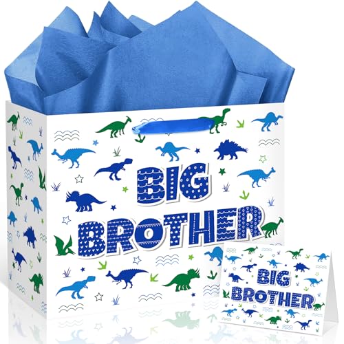 White Dinosaur Big Brother Gift Bag with Blue Tissue Paper and Card Large Big Bro Gift Bag for Boys Cute Dino Silhouette Wrapping Paper New Brother Party Decor for Little Boy Birthday 11.8in